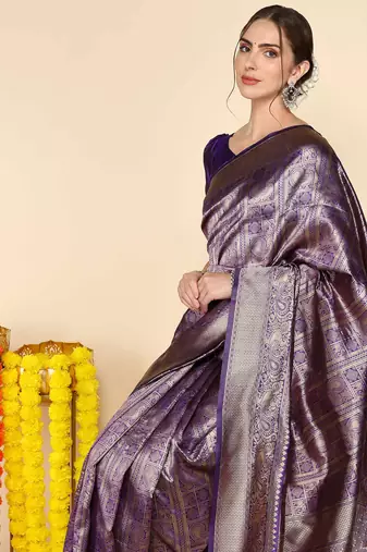 Purple silk blend banarasi saree with unstitched blouse piece