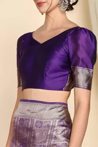 Purple silk blend banarasi saree with unstitched blouse piece