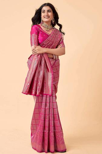 Pink soft silk blend banarasi jacuard work designer party wear saree with unstitched blouse piece