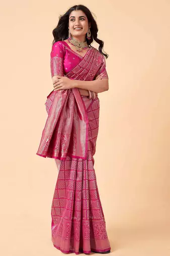 Pink soft silk blend banarasi jacuard work designer party wear saree with unstitched blouse piece