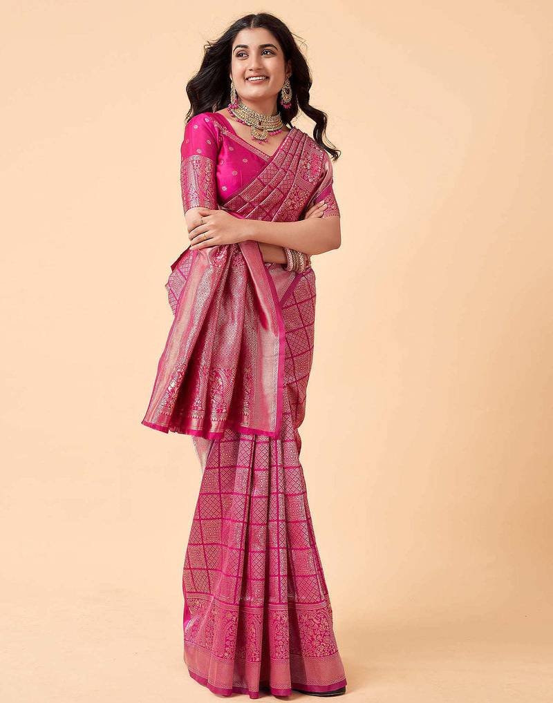 Pink soft silk blend banarasi jacuard work designer party wear saree with unstitched blouse piece