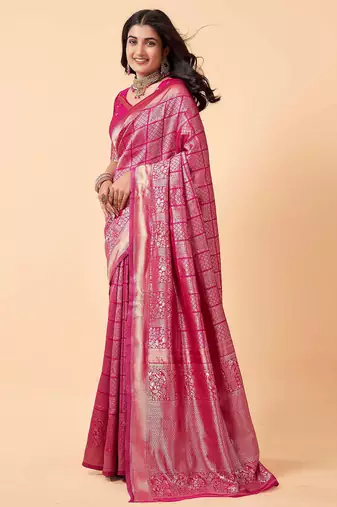Pink silk blend banarasi saree with unstitched blouse piece