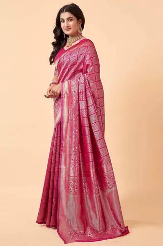 Pink silk blend banarasi saree with unstitched blouse piece