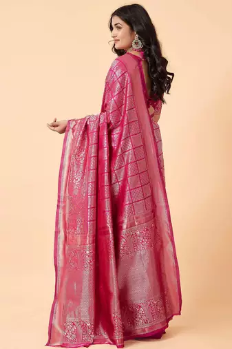 Pink silk blend banarasi saree with unstitched blouse piece