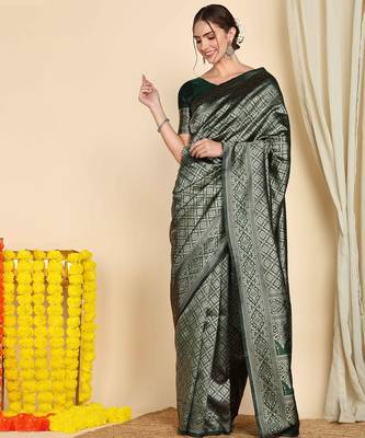 Green silk blend banarasi saree with unstitched blouse piece 1