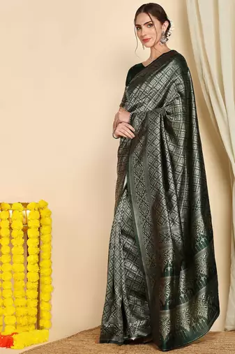 Green silk blend banarasi saree with unstitched blouse piece