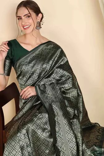 Green silk blend banarasi saree with unstitched blouse piece