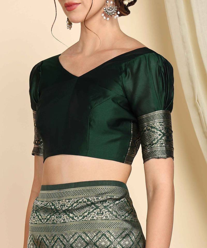 Green soft silk blend banarasi jacuard work designer party wear saree with unstitched blouse piece
