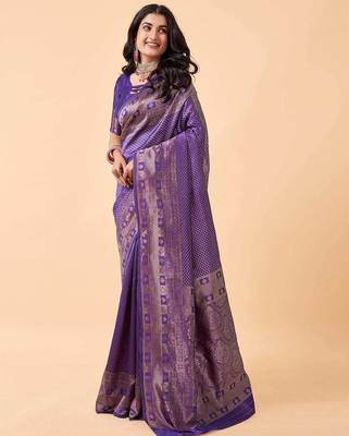 Blue silk blend banarasi saree with unstitched blouse piece 1