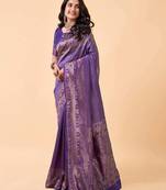 Blue soft silk blend banarasi jacuard work designer party wear saree with unstitched blouse piece