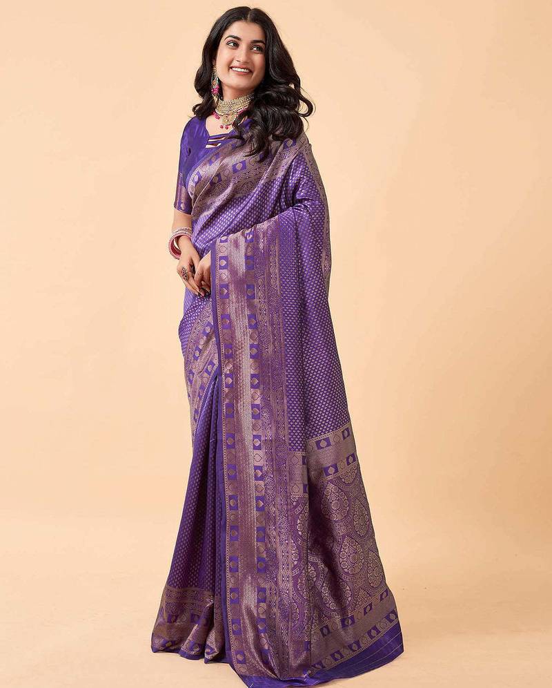 Blue soft silk blend banarasi jacuard work designer party wear saree with unstitched blouse piece