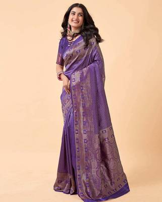 Blue silk blend banarasi saree with unstitched blouse piece 2