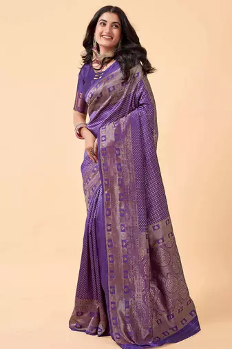 Blue silk blend banarasi saree with unstitched blouse piece