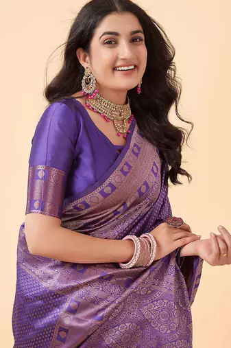 Blue silk blend banarasi saree with unstitched blouse piece