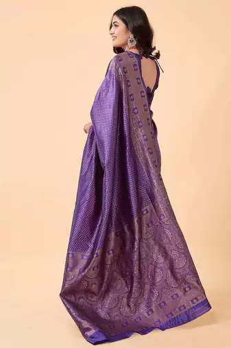 Blue silk blend banarasi saree with unstitched blouse piece