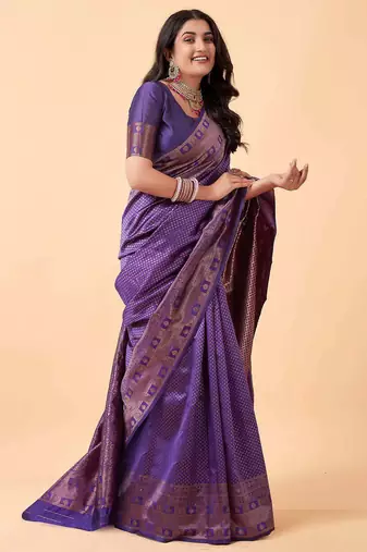 Blue silk blend banarasi saree with unstitched blouse piece
