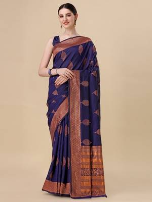 Blue silk blend banarasi saree with unstitched blouse piece 1