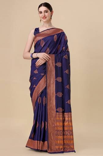 Blue soft silk blend banarasi jacuard work designer party wear saree with unstitched blouse piece