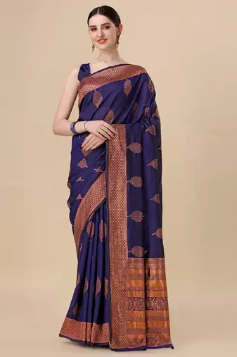 Blue soft silk blend banarasi jacuard work designer party wear saree with unstitched blouse piece