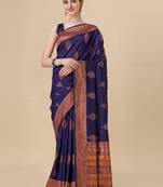 Blue soft silk blend banarasi jacuard work designer party wear saree with unstitched blouse piece