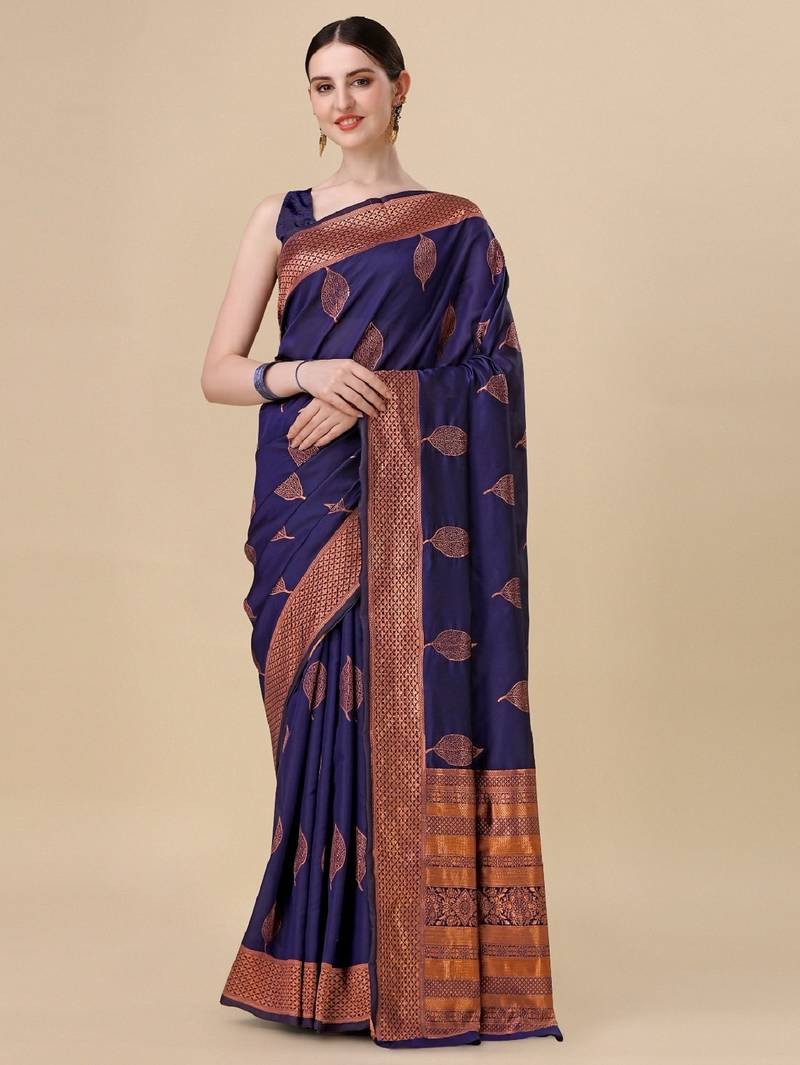 Blue soft silk blend banarasi jacuard work designer party wear saree with unstitched blouse piece