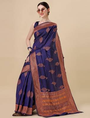 Blue silk blend banarasi saree with unstitched blouse piece 2