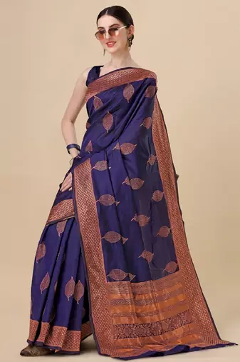 Blue silk blend banarasi saree with unstitched blouse piece