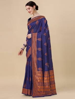 Blue silk blend banarasi saree with unstitched blouse piece 3
