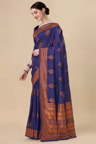 Blue silk blend banarasi saree with unstitched blouse piece
