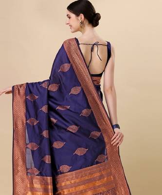 Blue silk blend banarasi saree with unstitched blouse piece 4
