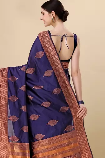 Blue silk blend banarasi saree with unstitched blouse piece