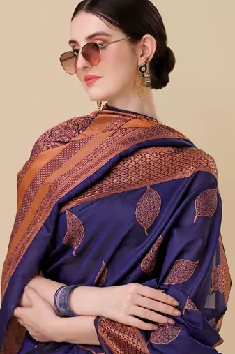 Blue silk blend banarasi saree with unstitched blouse piece