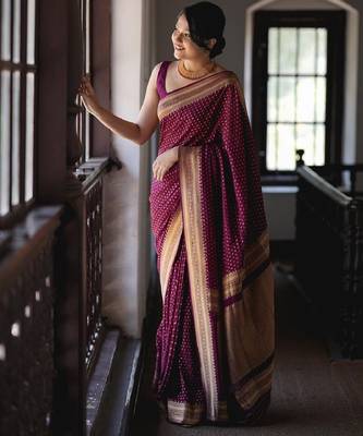 Purple silk blend banarasi saree with unstitched blouse piece 1