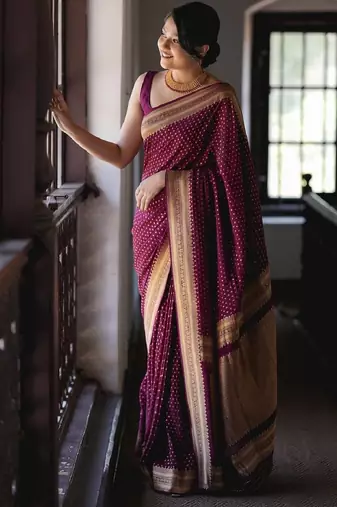 Purple soft silk blend banarasi jacuard work designer party wear saree with unstitched blouse piece