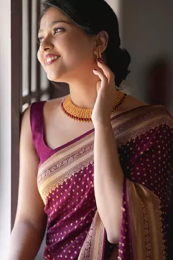 Purple silk blend banarasi saree with unstitched blouse piece