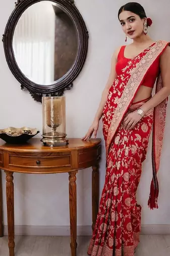 Red soft silk blend banarasi jacuard work designer party wear saree with unstitched blouse piece
