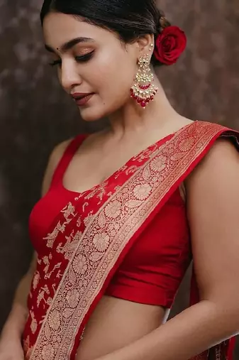 Red silk blend banarasi saree with unstitched blouse piece