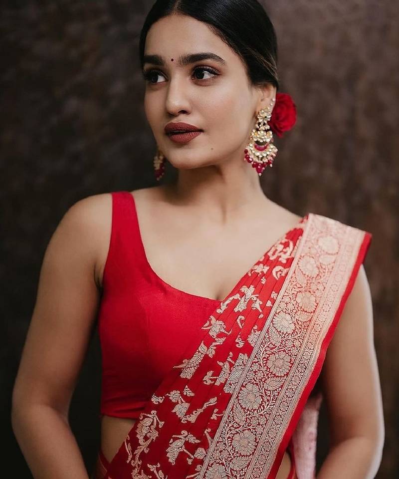 Red soft silk blend banarasi jacuard work designer party wear saree with unstitched blouse piece