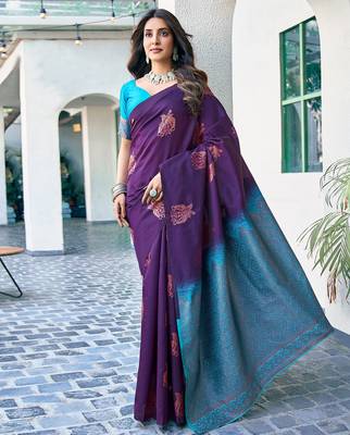 Purple silk blend banarasi saree with unstitched blouse piece 1