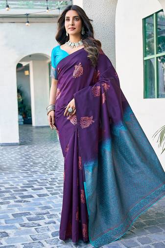 Purple soft silk blend banarasi jacuard work designer party wear saree with unstitched blouse piece