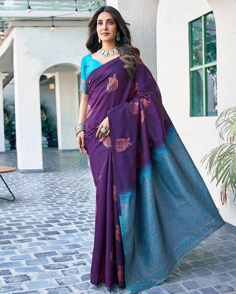 Purple soft silk blend banarasi jacuard work designer party wear saree with unstitched blouse piece