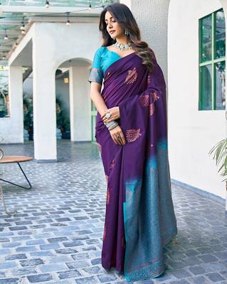 Purple silk blend banarasi saree with unstitched blouse piece 2