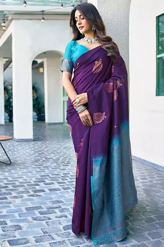 Purple silk blend banarasi saree with unstitched blouse piece