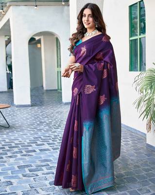 Purple silk blend banarasi saree with unstitched blouse piece 3