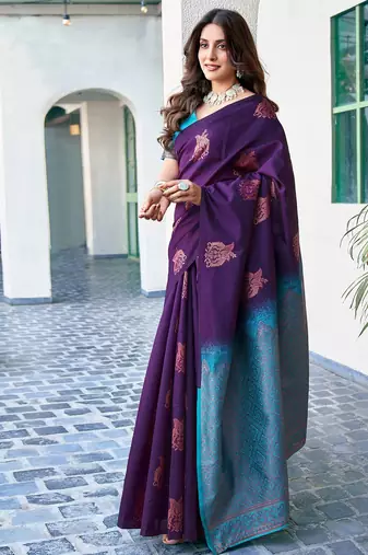 Purple silk blend banarasi saree with unstitched blouse piece