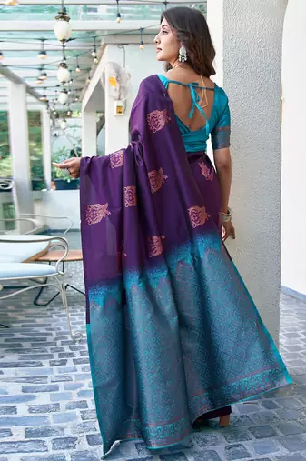 Purple silk blend banarasi saree with unstitched blouse piece