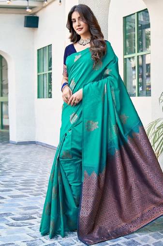 Teal green soft silk blend banarasi jacuard work designer party wear saree with unstitched blouse piece