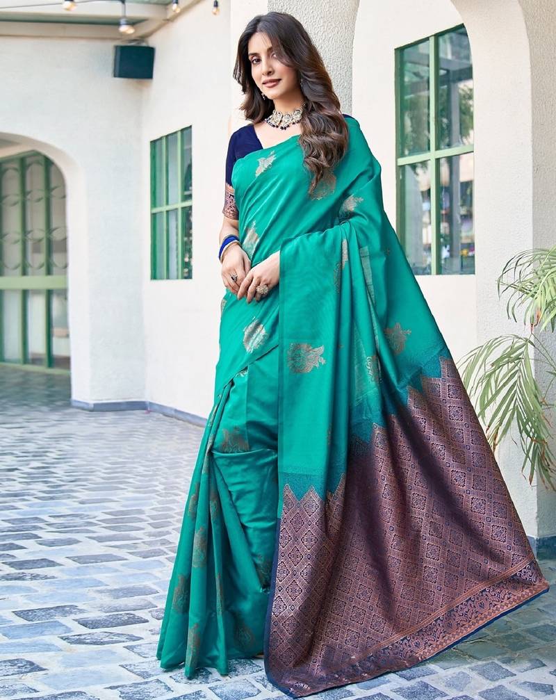 Teal green soft silk blend banarasi jacuard work designer party wear saree with unstitched blouse piece