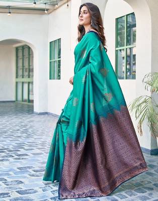 Teal green silk blend banarasi saree with unstitched blouse piece 2