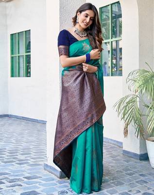 Teal green silk blend banarasi saree with unstitched blouse piece 4